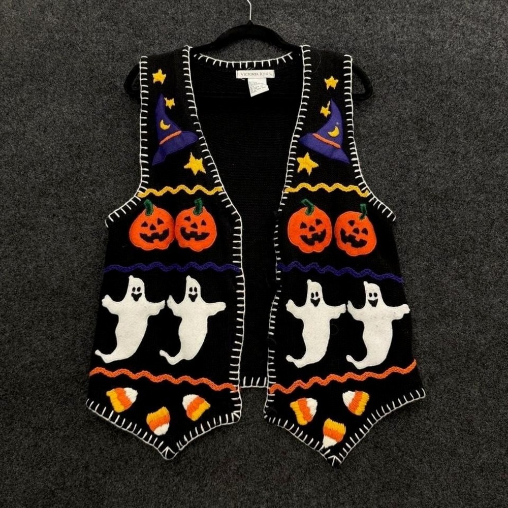 Victoria Jones Halloween Sweater Vest Women's Medium Black Pumpkin Ghosts